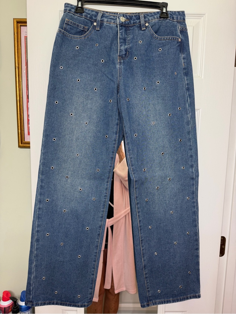 Straight-Leg Blue Jeans with Silver Eyelet Accents